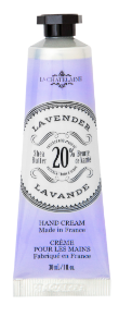 A lavender hand cream tube with a black cap and a light purple body, featuring a circular white and black label that reads '20% LAVANDER' and 'HAND CREAM'.
