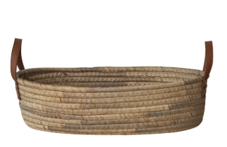 Hand-Woven Seagrass & Water Hyacinth Basket with Faux Leather Handles – Natural | Small