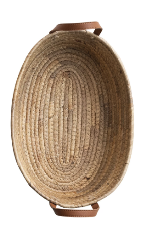 Hand-Woven Seagrass & Water Hyacinth Basket with Faux Leather Handles – Natural | Small