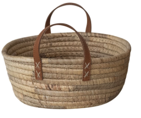 Hand-Woven Seagrass & Water Hyacinth Basket with Faux Leather Handles – Natural | Small
