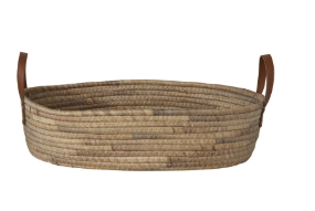 Hand-Woven Seagrass & Water Hyacinth Basket with Faux Leather Handles – Natural | Medium