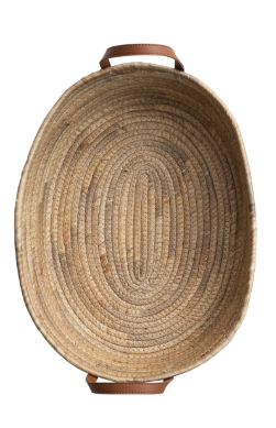 Hand-Woven Seagrass & Water Hyacinth Basket with Faux Leather Handles – Natural | Medium