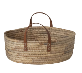 Hand-Woven Seagrass & Water Hyacinth Basket with Faux Leather Handles – Natural | Medium