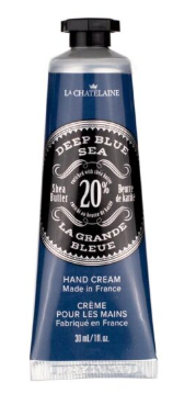 A squeeze tube of La Créche Laiténière Deep Blue Sea Hand Cream, featuring a dark blue and silver design with a black cap, set against a plain white background.