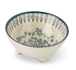 A ceramic bowl with a textured cream-colored glaze, decorated with blue floral patterns inside and a blue rim, shown on a clean white background.