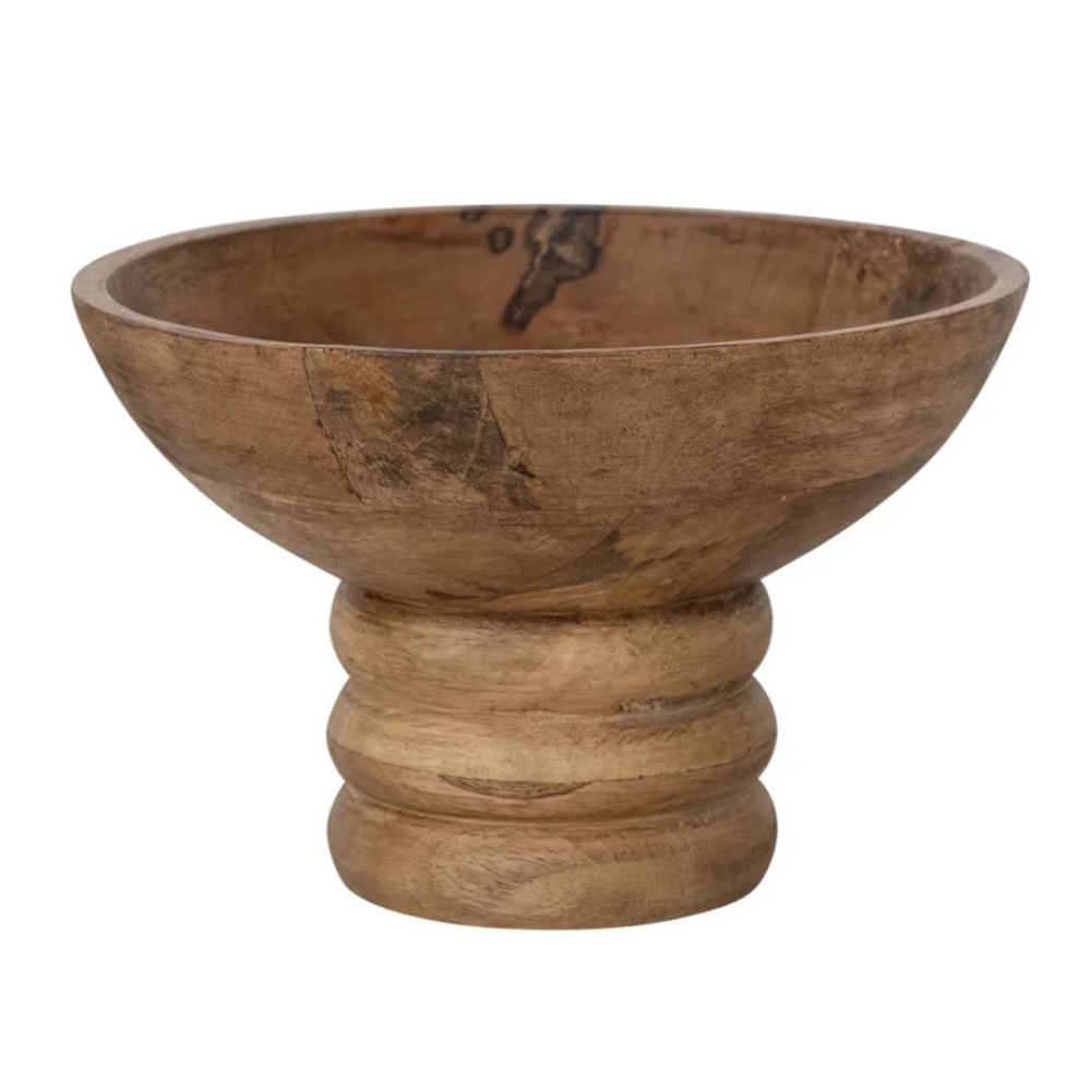 Ribbed Mango Wood Footed Bowl – Natural | 8¼”