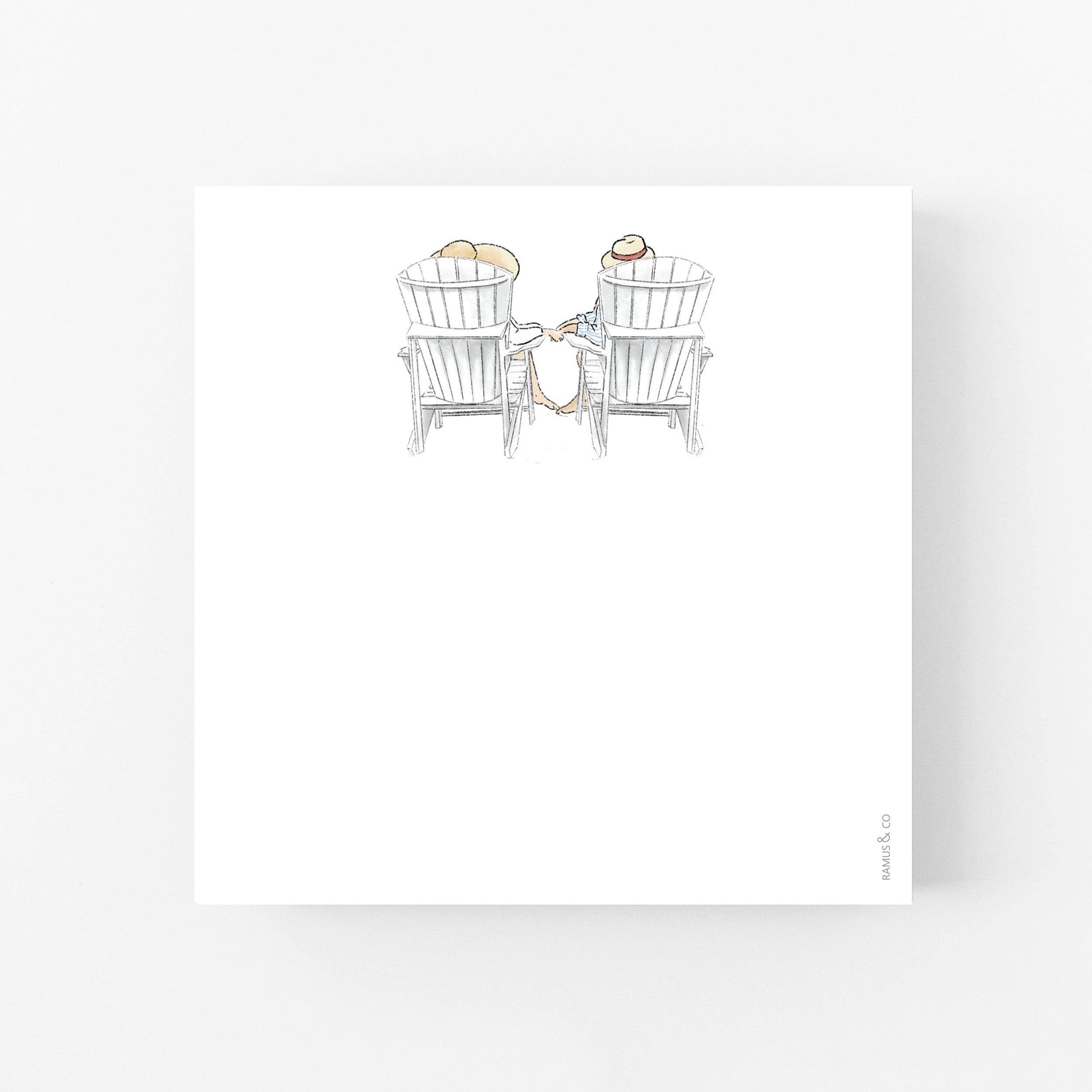 A square white art print or card featuring a minimalist hand-drawn illustration of two white chairs with a small dog sitting on one chair, shown against a very light gray background.