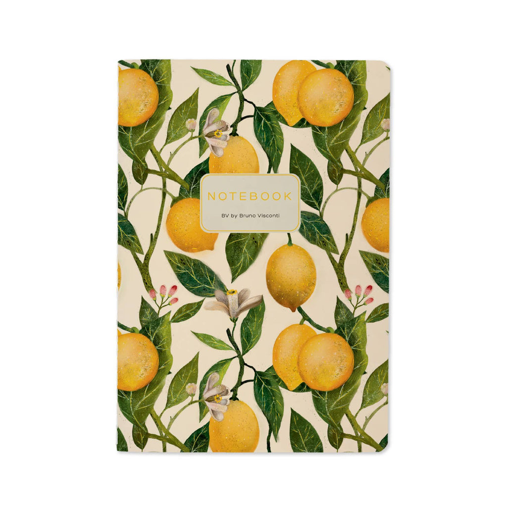 Notebook with lemon and leaf pattern on a white background