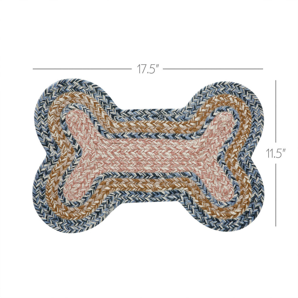 A braided bone-shaped dog toy or rug shown on a white background with dimension lines indicating 17.5 inches wide and 11.