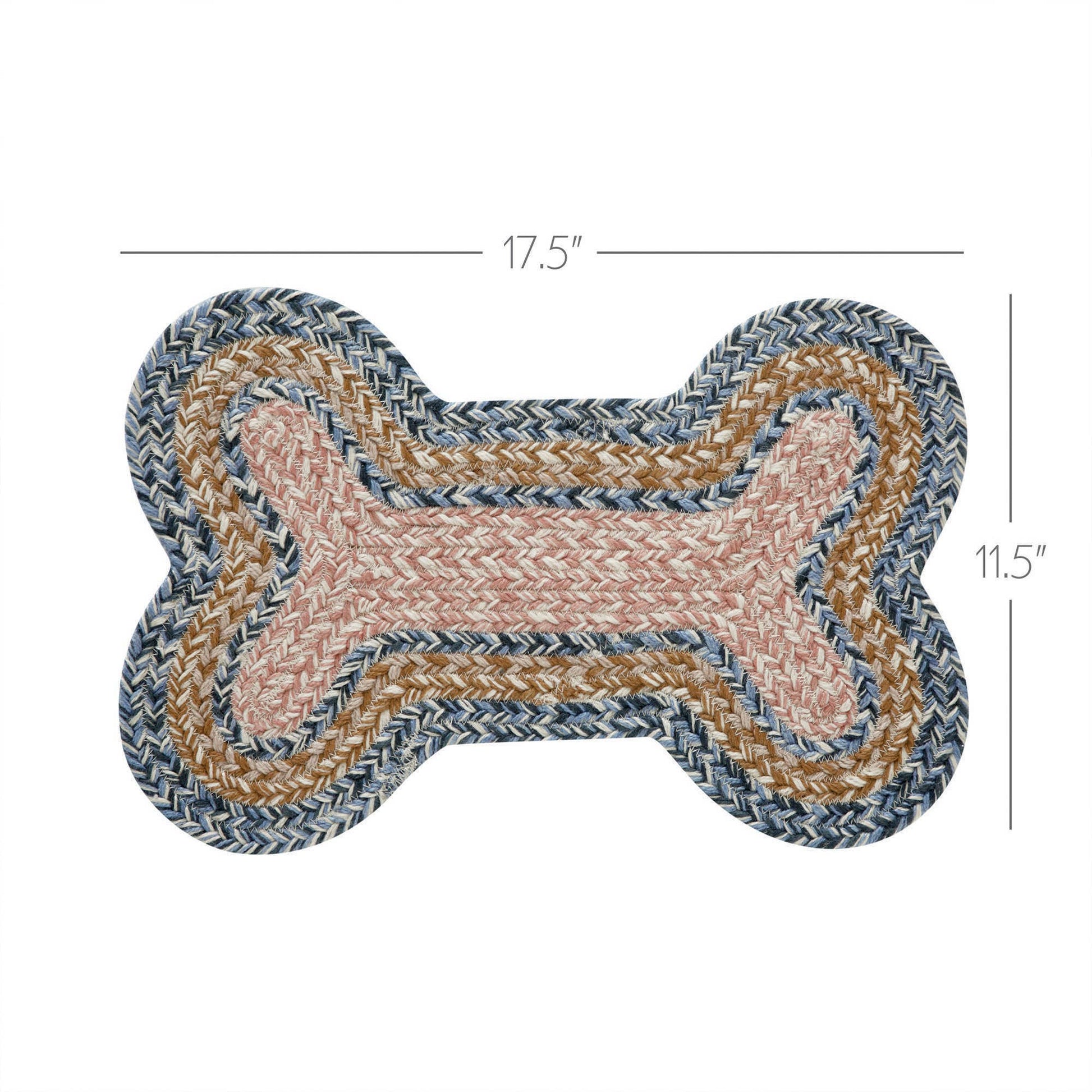 A braided bone-shaped dog toy or rug shown on a white background with dimension lines indicating 17.5 inches wide and 11.