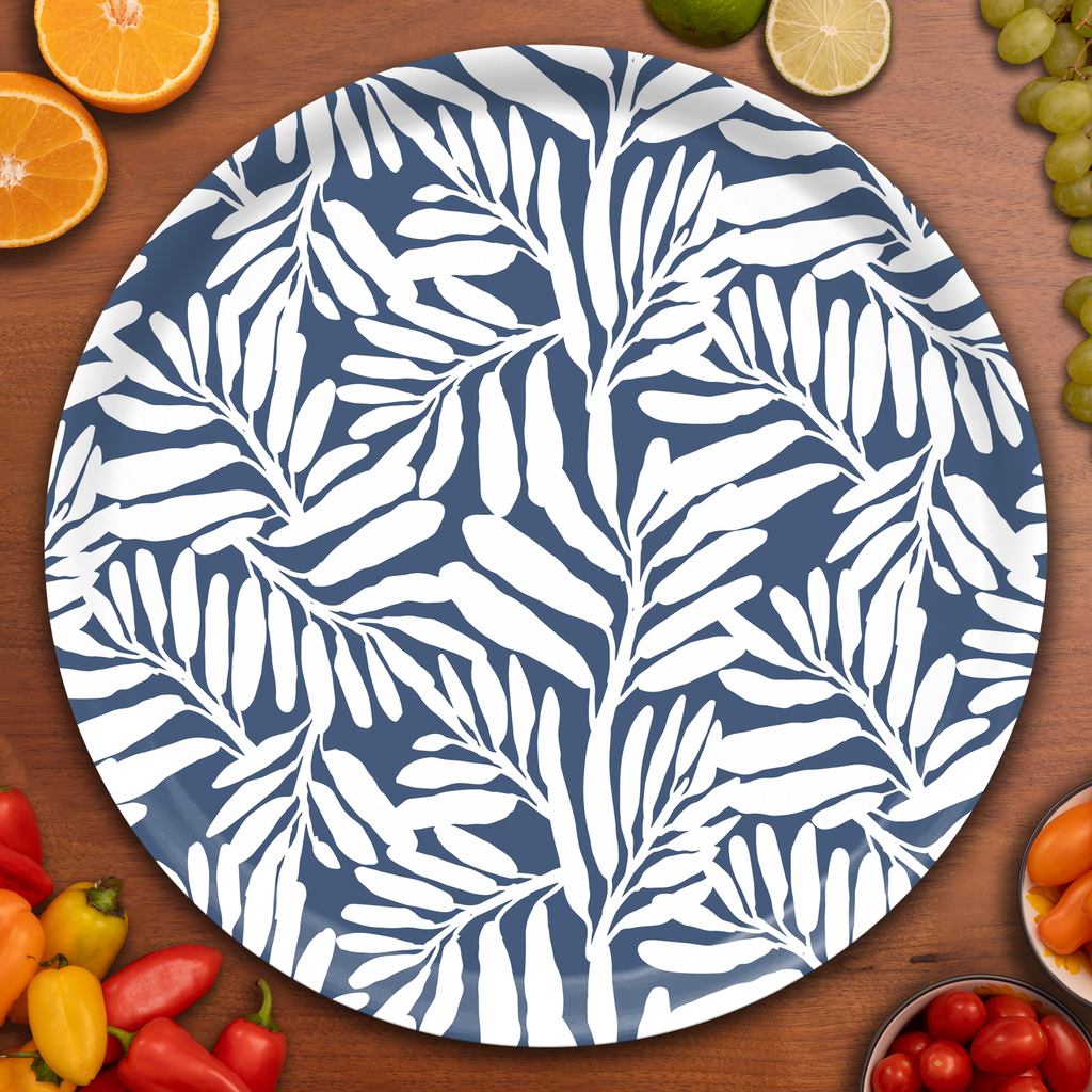 Leaf Blue Round Serving Tray — Sirpa Cowell
