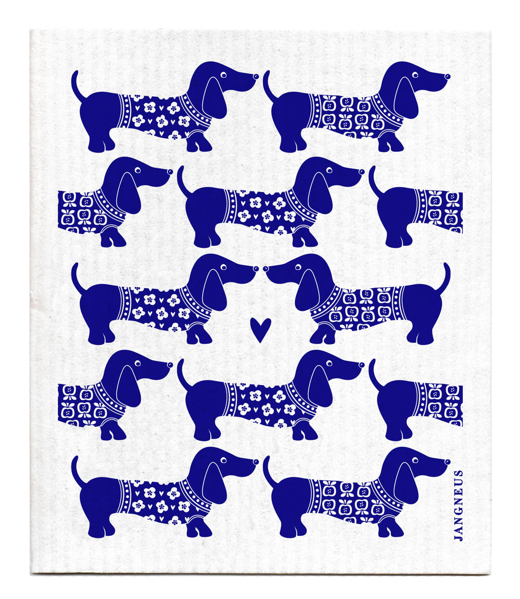 White towel with blue dachshund pattern and 'JANNEUS' branding