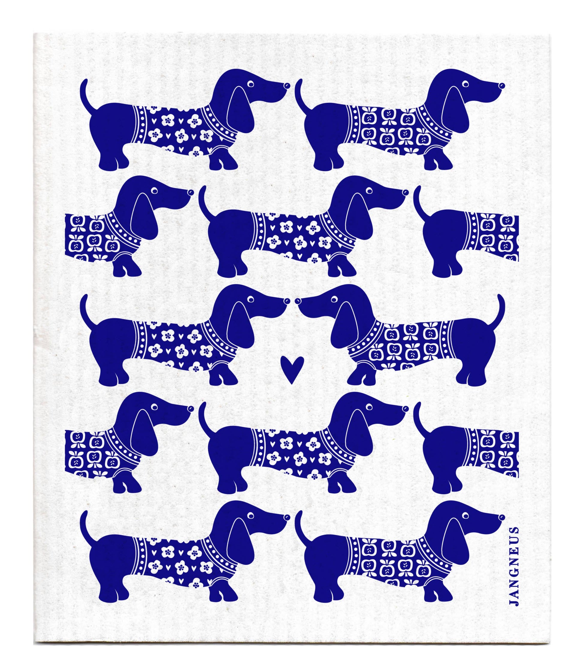 White towel with blue dachshund pattern and 'JANNEUS' branding