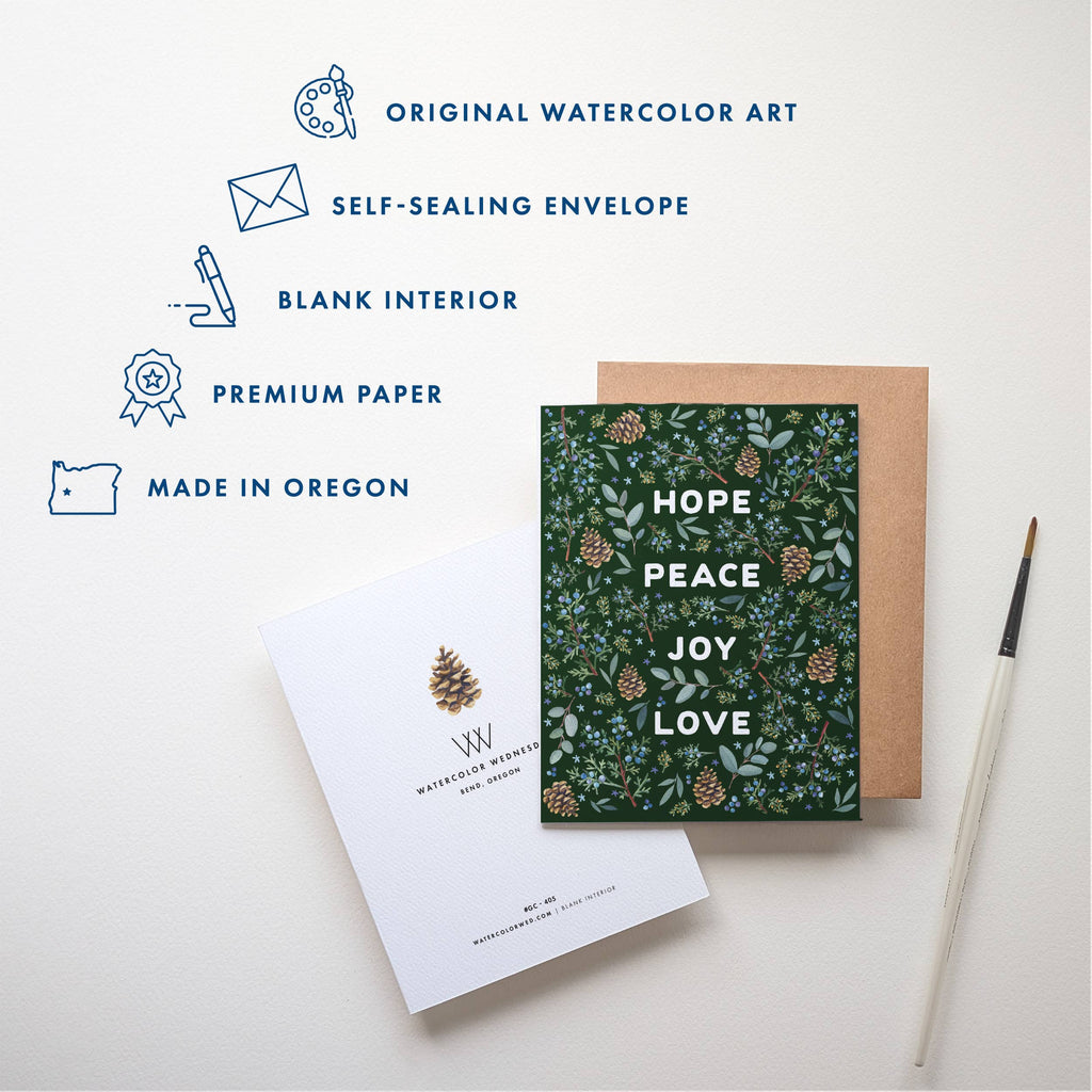 A watercolor art greeting card set from Watercolor World, featuring a green forest-patterned card with the words 'HOPE PEACE JOY LOVE' and a kraft envelope, shown with a white insert card and a paintbrush on a light background with feature callouts.