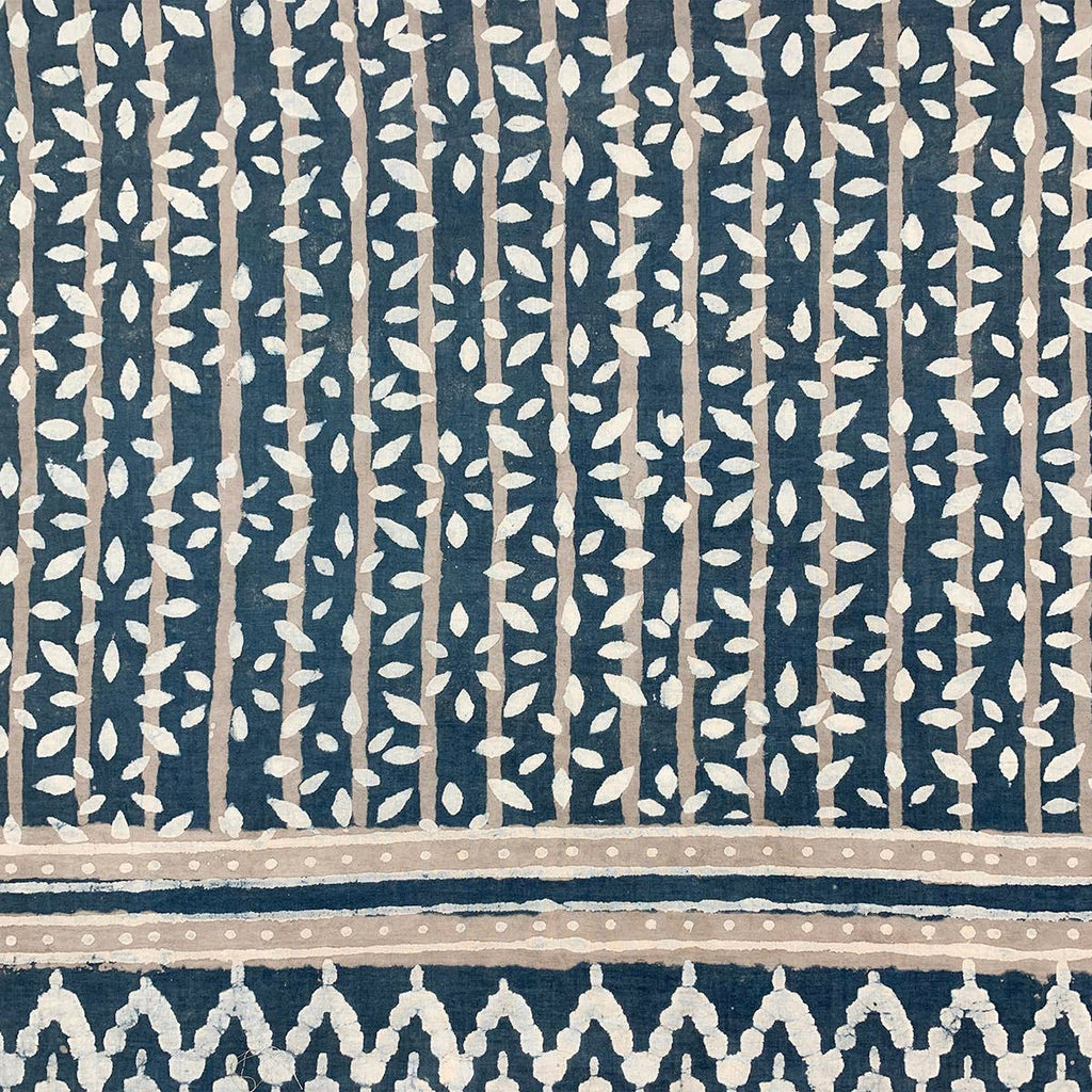 Block Printed Cotton Scarf — Navy & Taupe Leafy Stripes