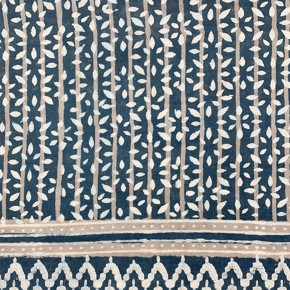 Block Printed Cotton Scarf — Navy & Taupe Leafy Stripes
