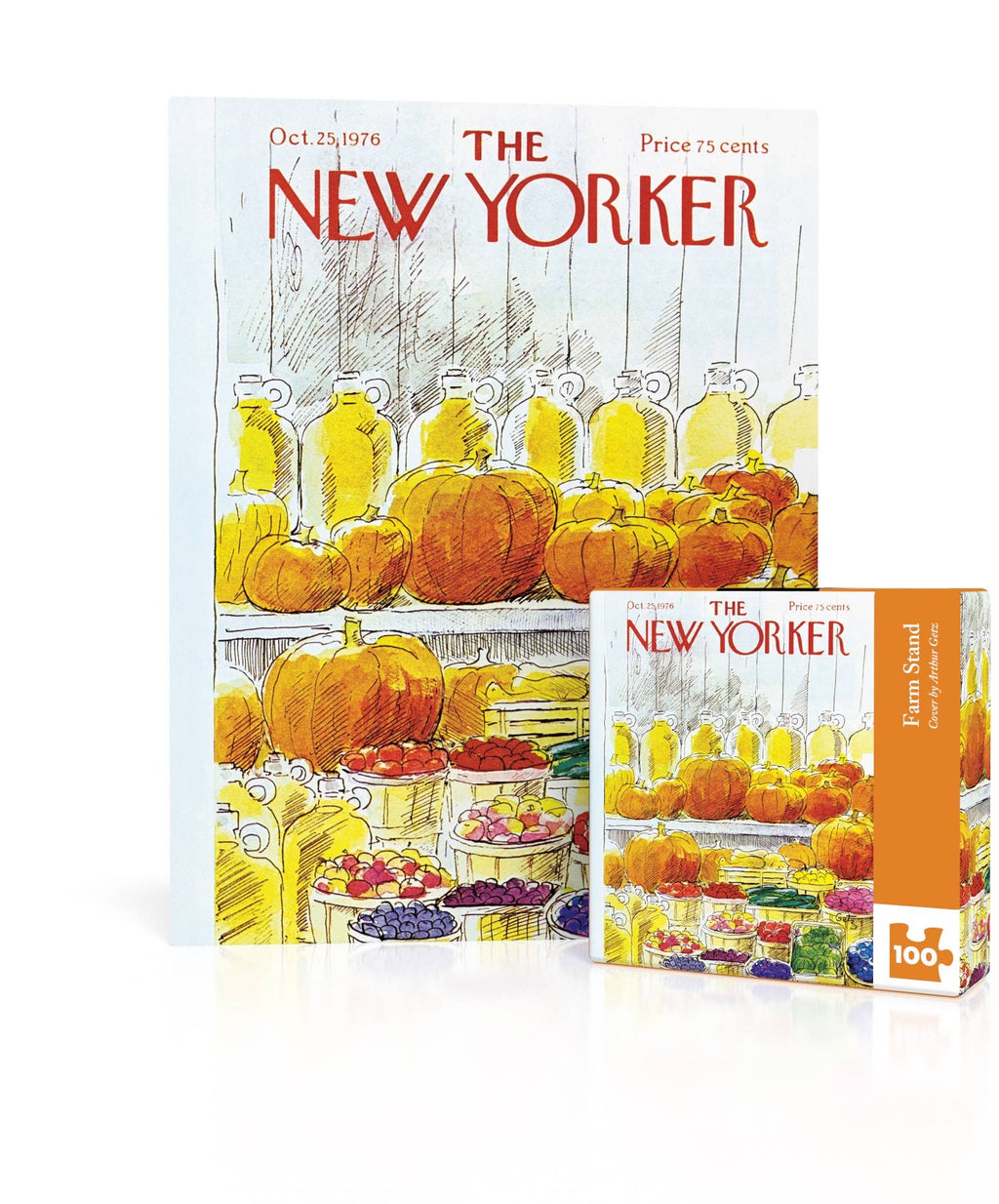 New Yorker magazine cover puzzle with pumpkins and fruits on a white background