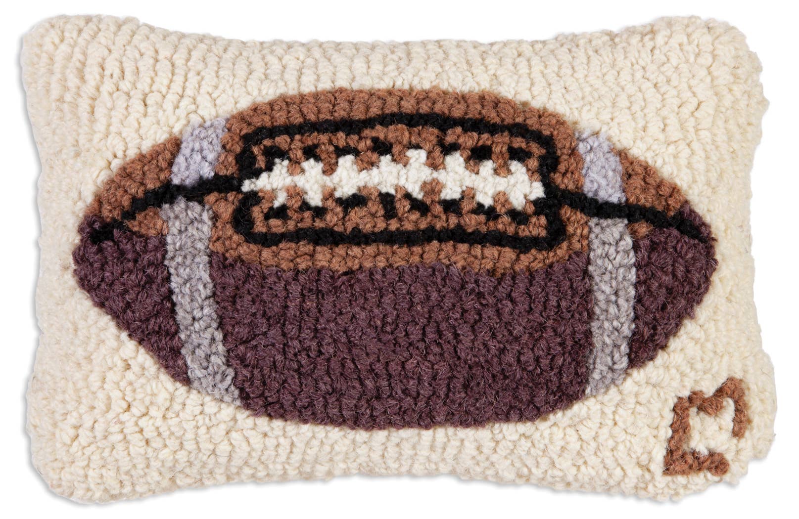 Handcrafted hooked wool pillow featuring a football design, Lykke Living artisan decor from Lenox MA, Berkshires boutique. - Football Hooked Wool Pillow | 8" x 12"