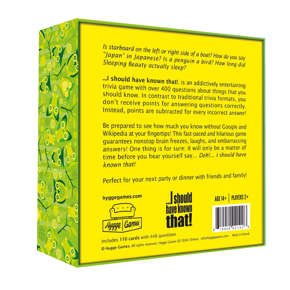 Back of a trivia game box with text and branding