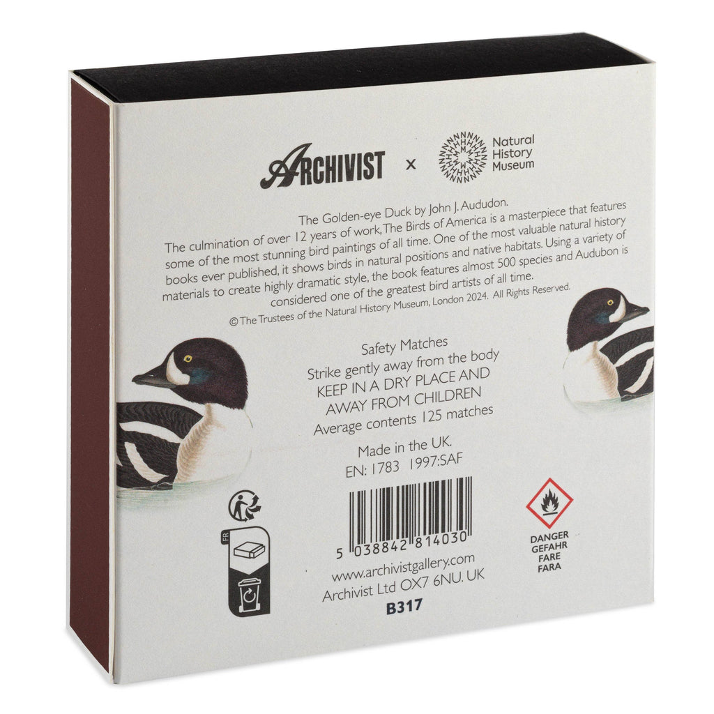 Back of a matchbox featuring Archivist and Natural History Museum branding with duck illustrations.
