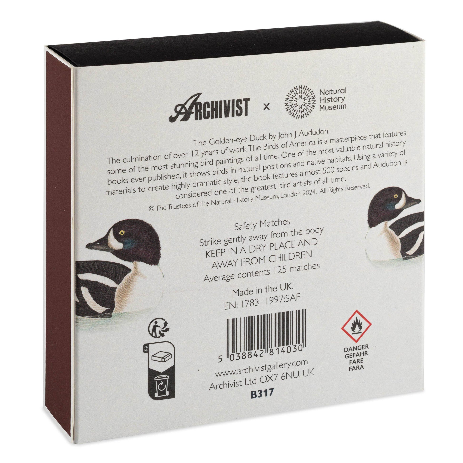 Back of a matchbox featuring Archivist and Natural History Museum branding with duck illustrations.