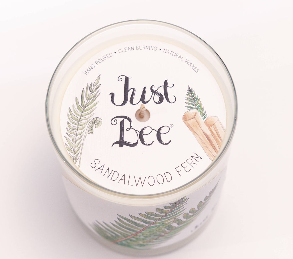 Top-down view of a Just Bee Sandalwood Fern scented candle in a clear glass jar with white wax and a white label featuring green fern illustrations.