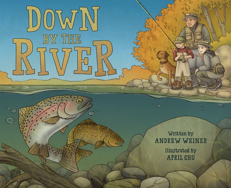 Book cover of 'Down by the River' with fishing scene and text