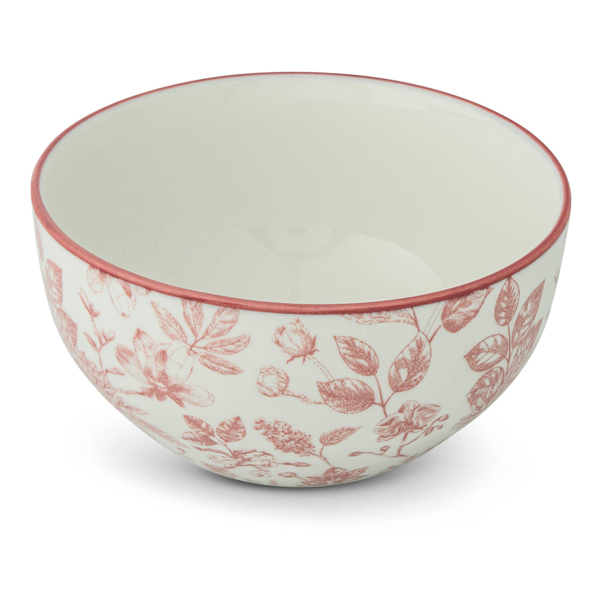 A ceramic bowl with a white interior and exterior decorated with a dusty rose red floral toile pattern, finished with a matching red rim.