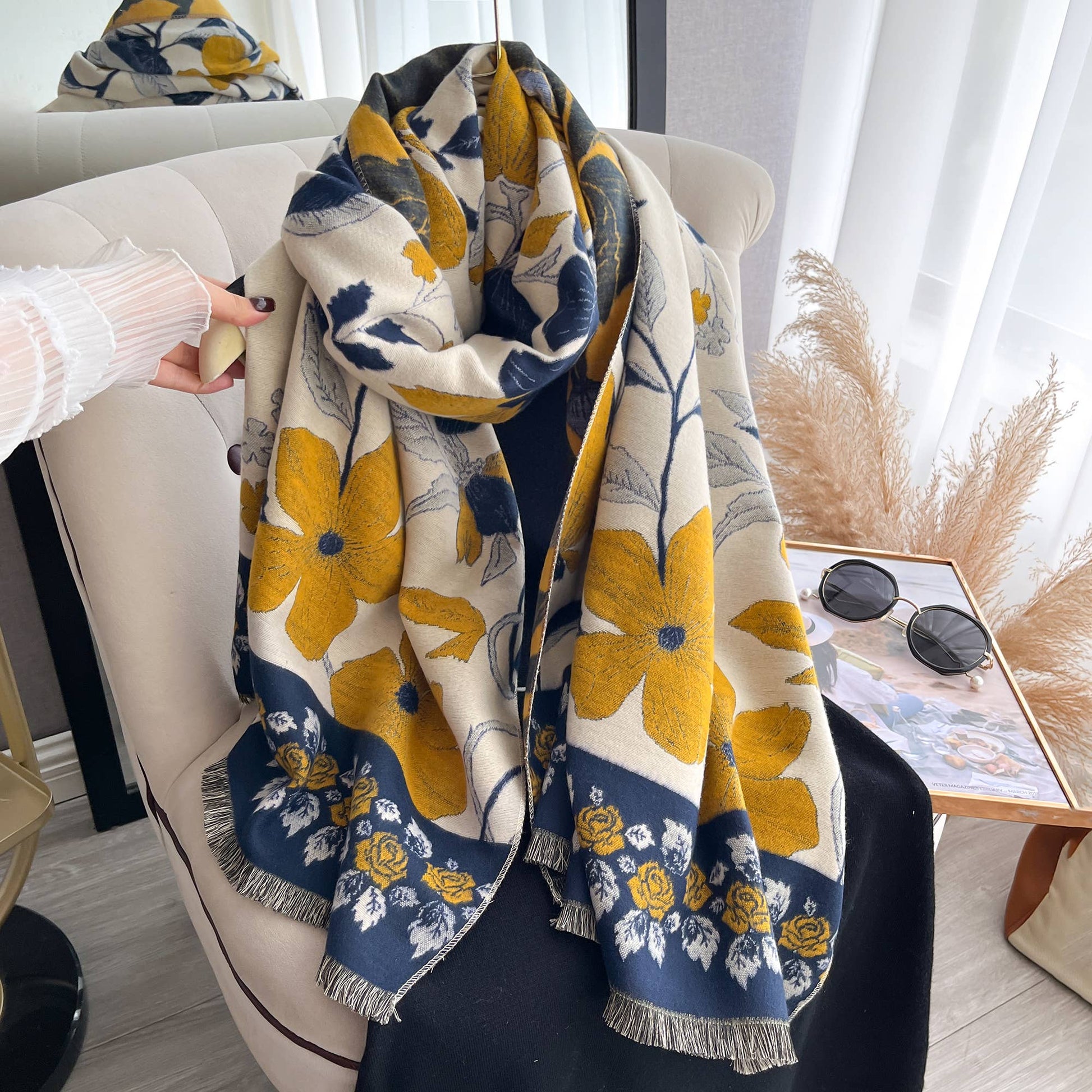 Yellow & Blue Vintage Floral Reversible Wrap