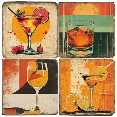 Set of four decorative coasters with cocktail illustrations on a textured background.