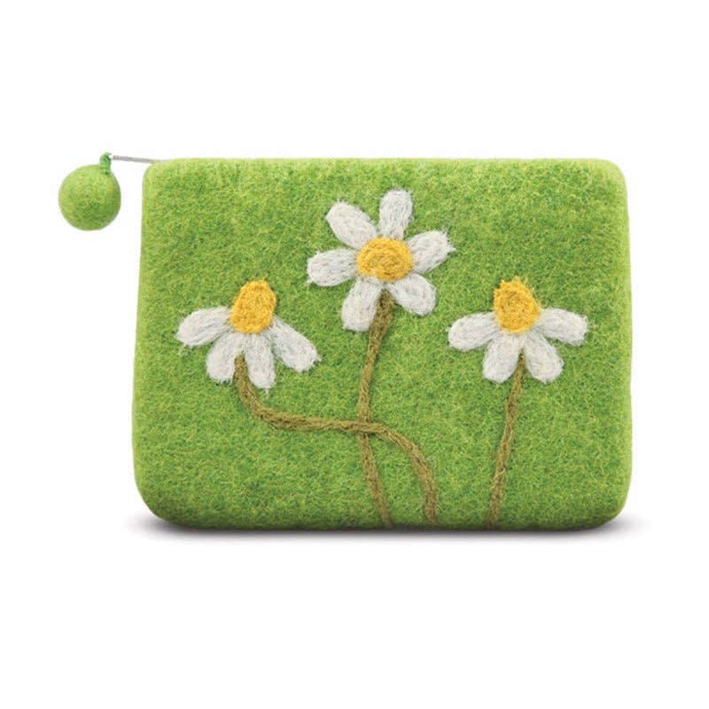 Green Needle Daisy Flowers Coin Purse – Handcrafted Wool Felt