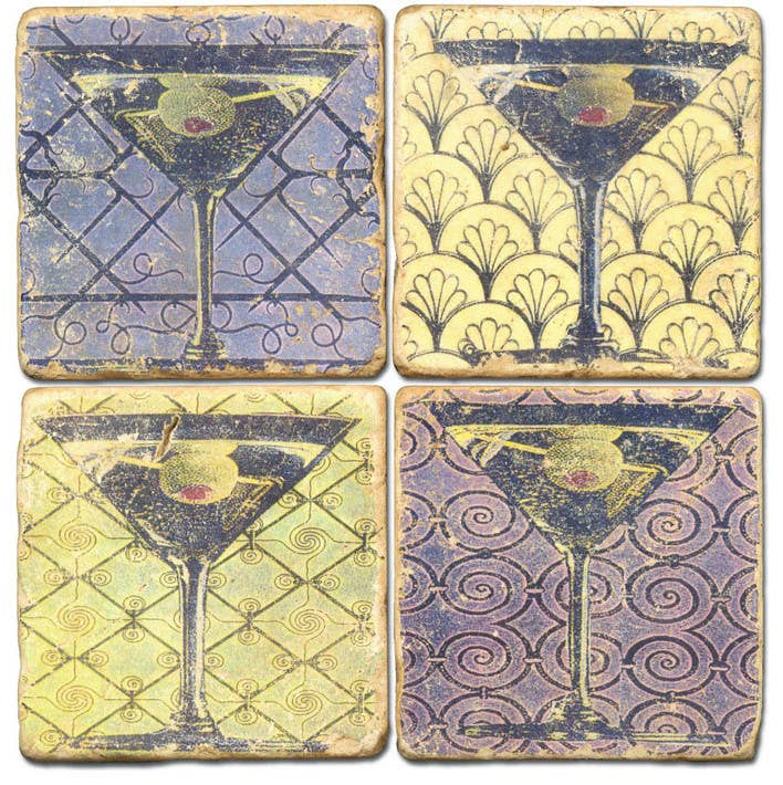 Set of four square ceramic coasters featuring vintage-style illustrations of martini glasses with olives, arranged in a 2x2 grid. The coasters have distressed patterns in blue, yellow, purple, and beige.