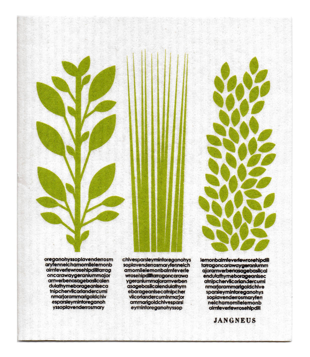 Dishcloth with green plant designs and text on a white background