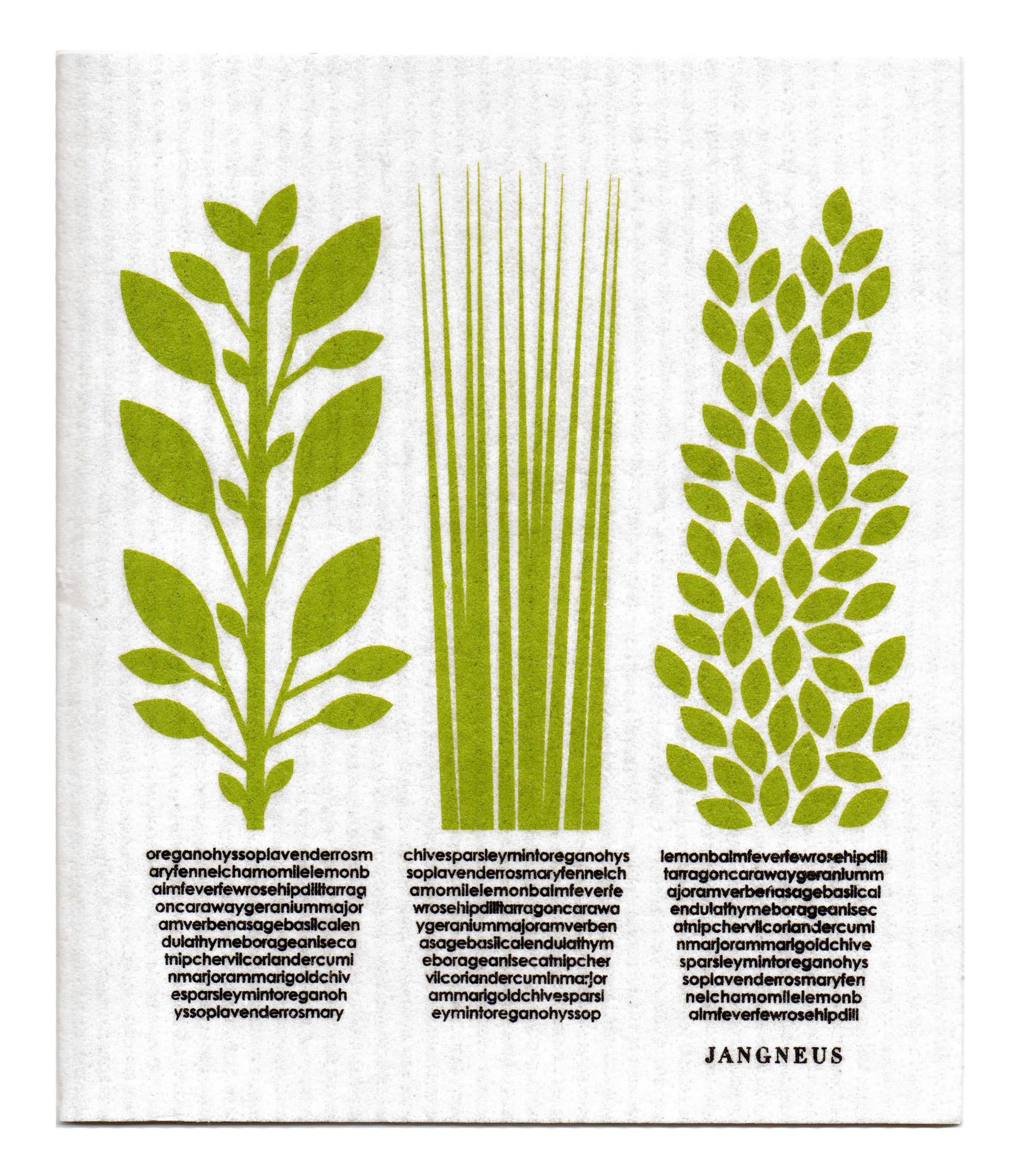 Dishcloth with green plant designs and text on a white background