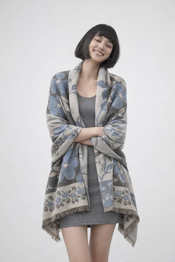 A woman with a short black bob hairstyle is wearing a gray dress and a large patterned shawl wrap with blue floral motifs, posing against a light gray studio background.