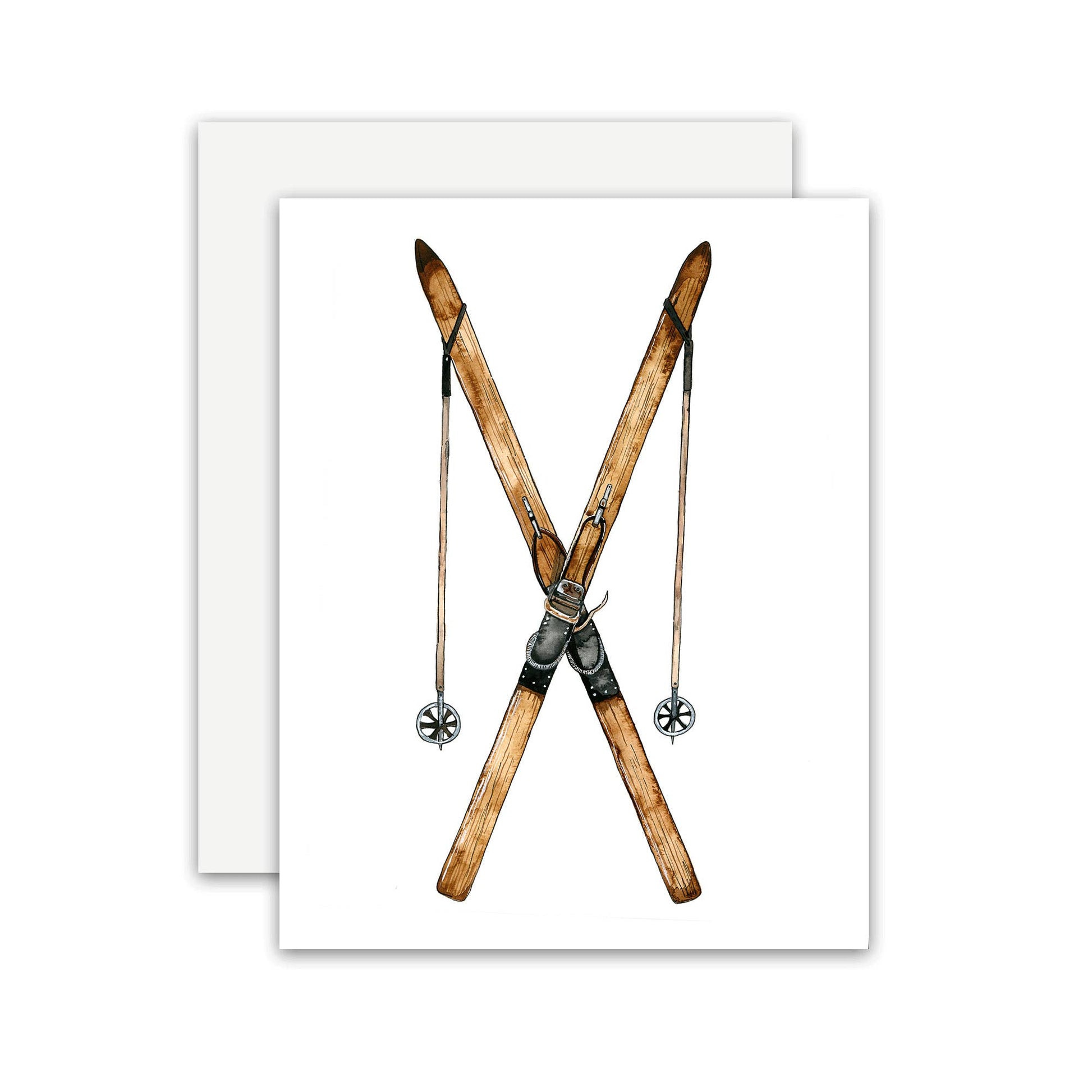 A square art print or card featuring a watercolor-style illustration of crossed wooden skis with ski poles, shown in front of a white envelope or backing card on a light gray background.
