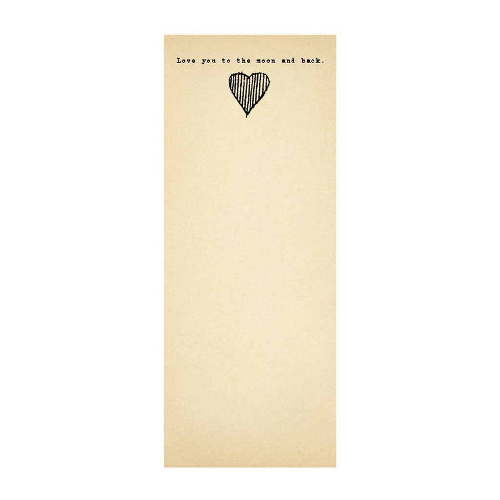 Beige card with black heart illustration and text 'Love you to the moon and back.' on a white background