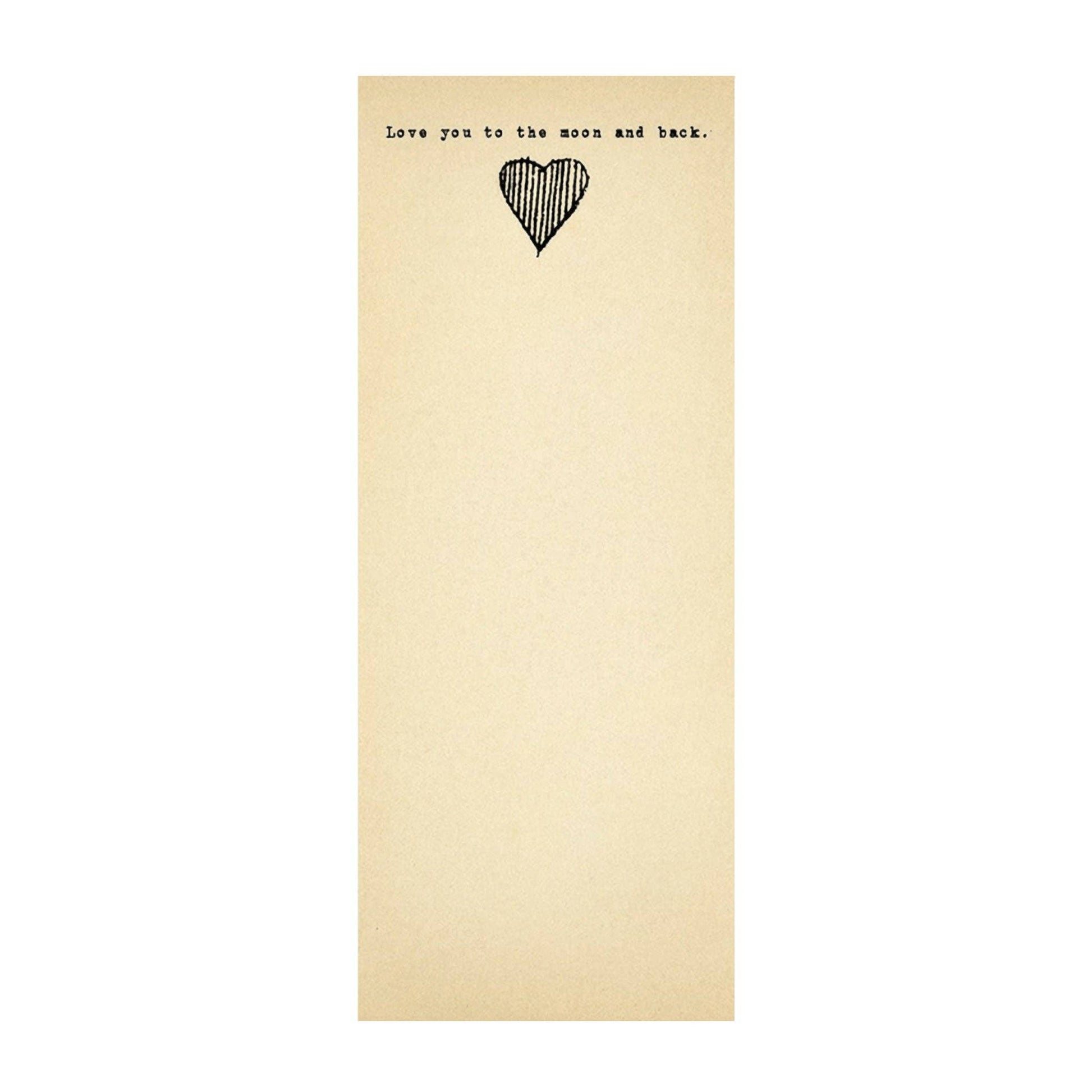 Beige card with black heart illustration and text 'Love you to the moon and back.' on a white background