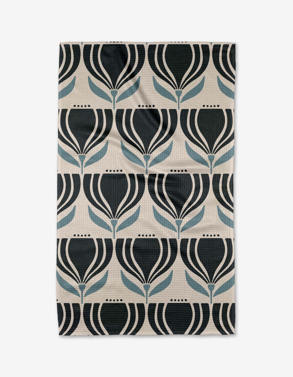 Patterned rug with black and blue design on a beige background