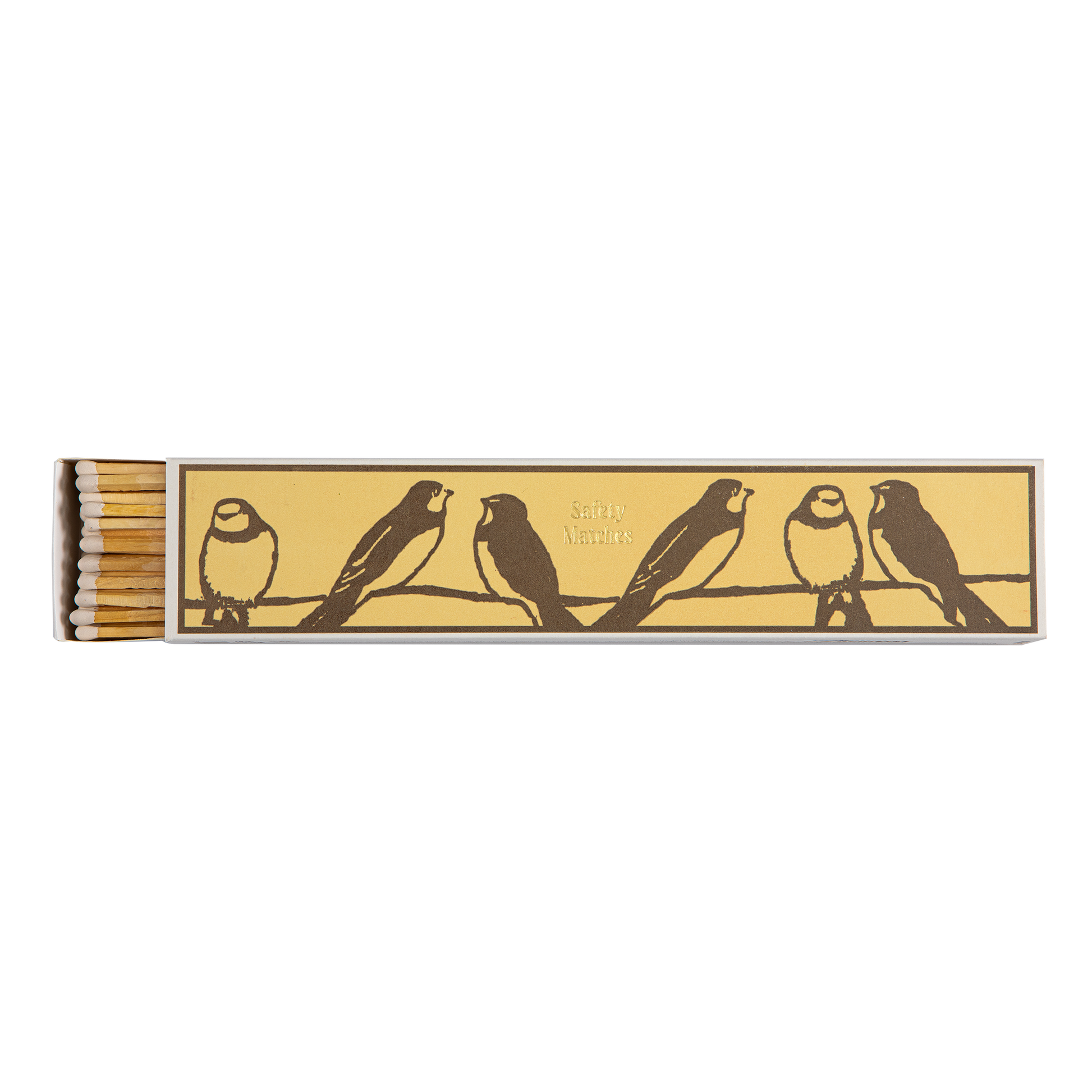 A matchbox-style product with a rectangular gold-toned cover featuring brown bird silhouettes and the words 'Bird Nature,' with a row of lit matches visible on the left, shown on a plain white background.