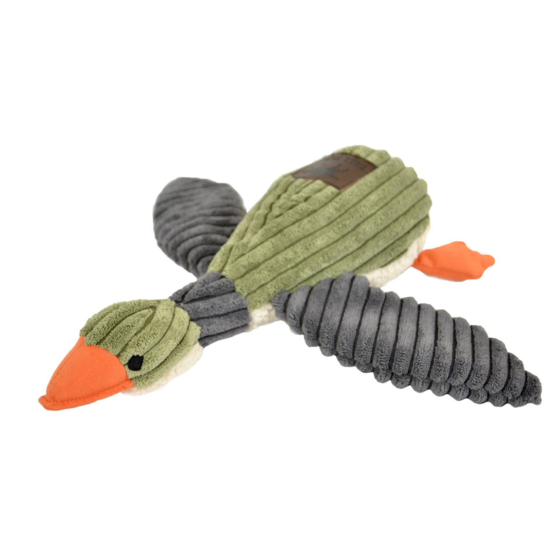 Dog toy shaped like a goose with knotted body on a white background