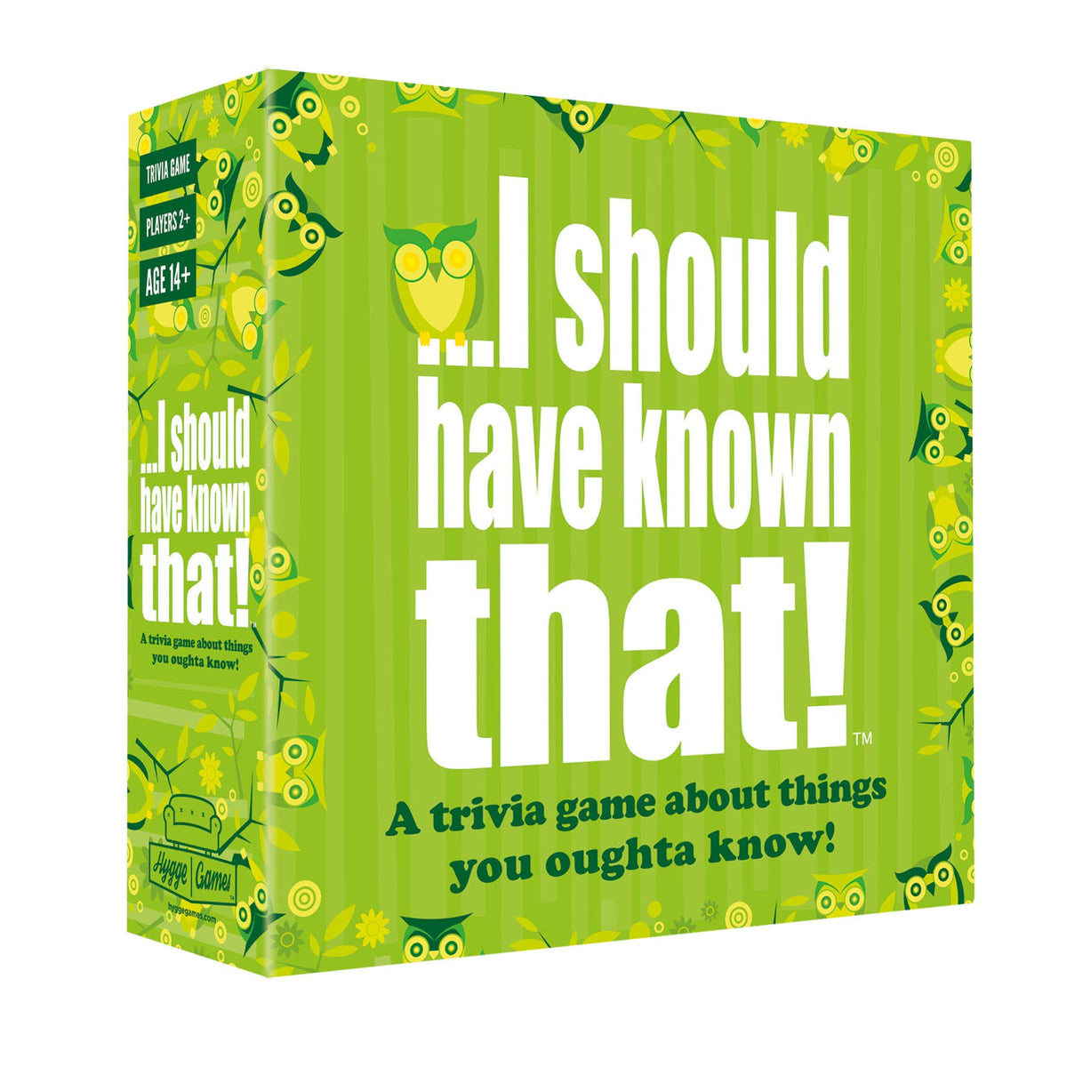Green box of 'I should have known that!' trivia game with owl design