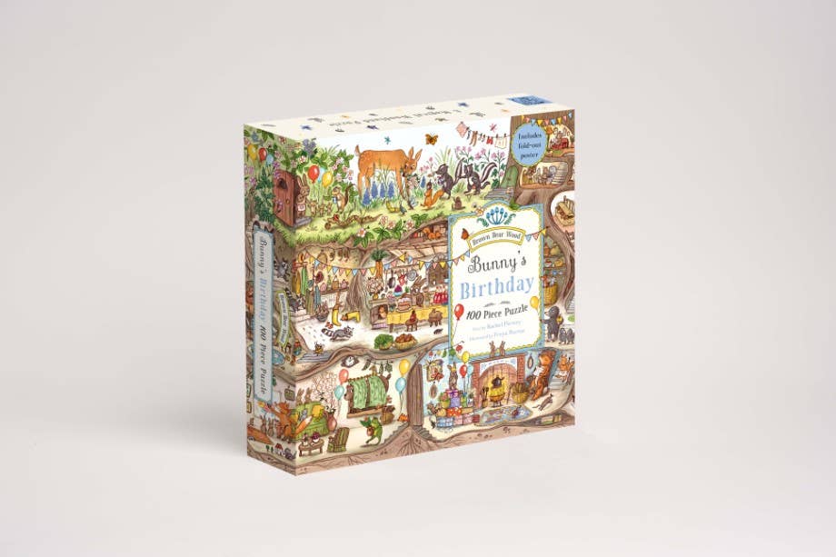 Jigsaw puzzle box with colorful illustrations on a white background