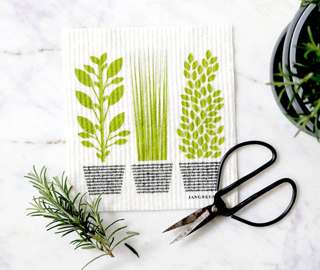 Dishcloths with plant designs, scissors, and a plant on a white surface