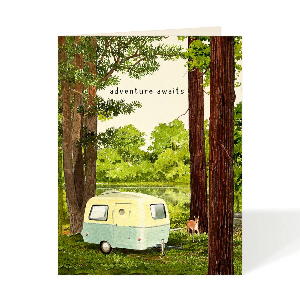 Card with a vintage camper in a forest and 'adventure awaits' text.