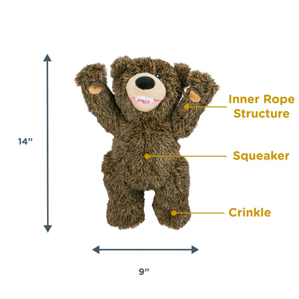 Stuffed bear toy with labeled features and dimensions on a white background