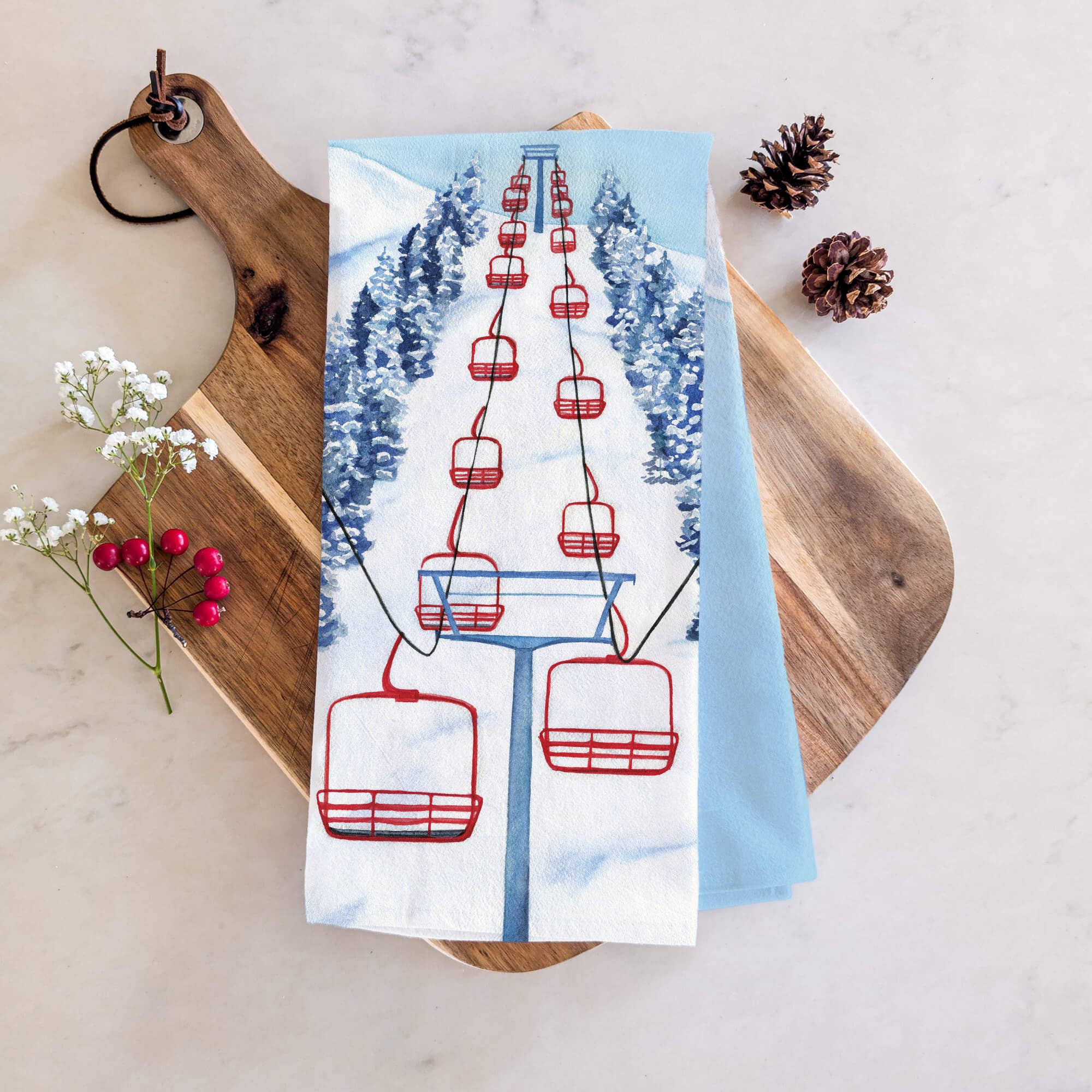 Ski Chairlift Tea Towel | Alpine Winter Holiday Kitchen