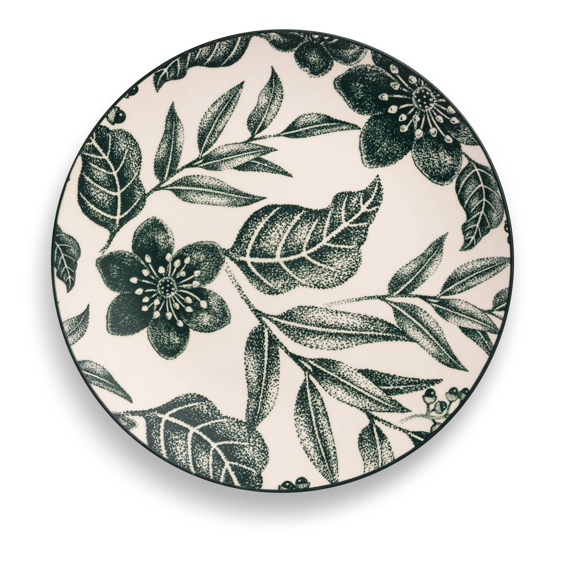 A round ceramic plate featuring a dark green botanical pattern of leaves and flowers on an off-white background, shown from a top-down perspective.