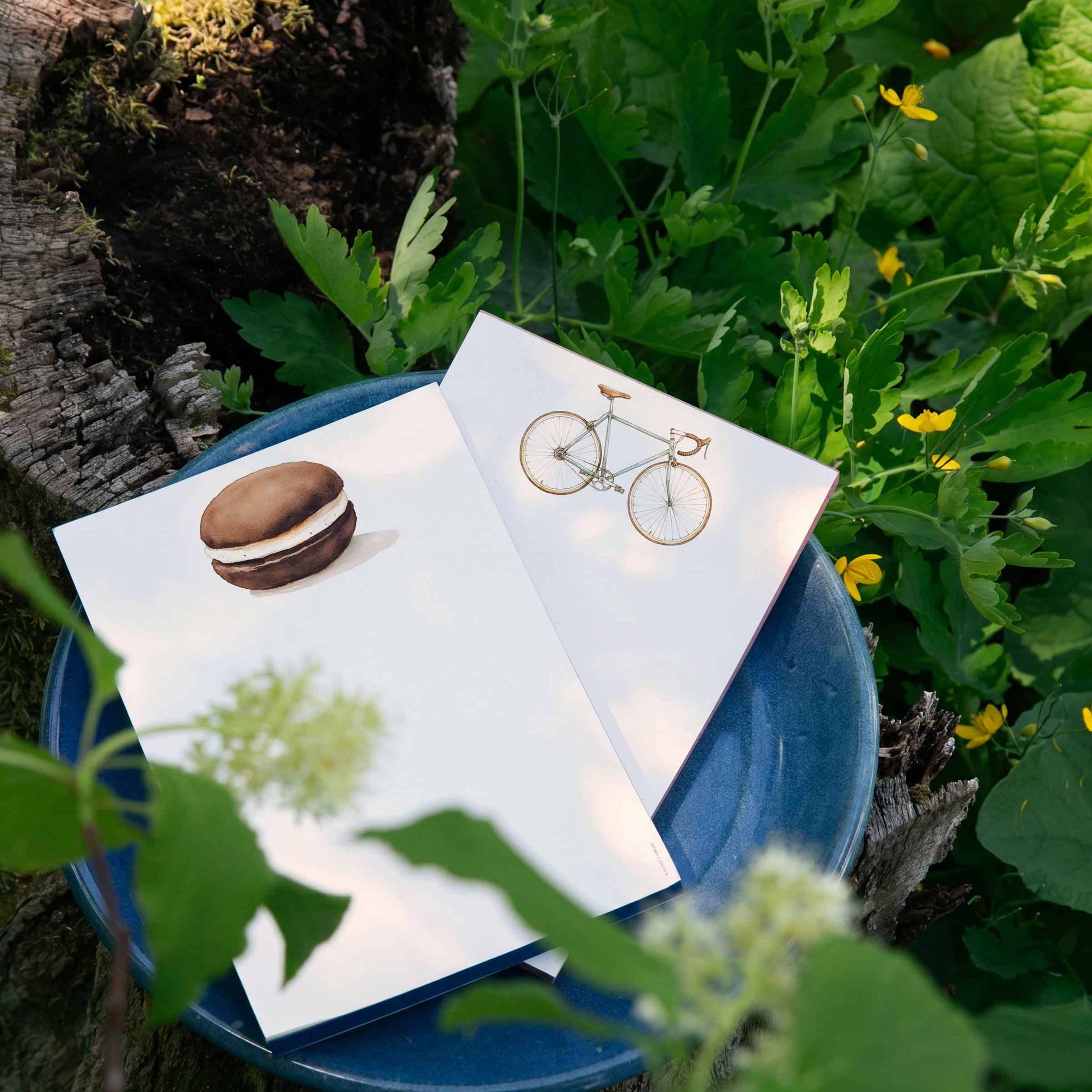 Two greeting cards with macaron and bicycle design on a blue dish surrounded by greenery.