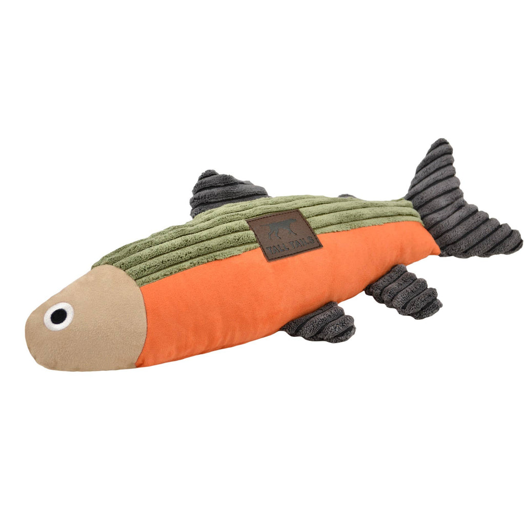 Fish-shaped plush toy with orange, green, and gray colors on a white background
